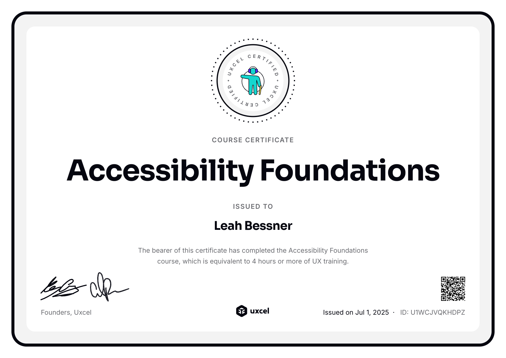 Leah Bessner's certificate
